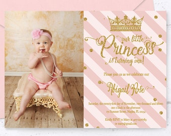 Princess Birthday Invitation, Princess Birthday, Princess Invitation, Pink and Gold, Glitter, First Birthday Invitation, Princess Party