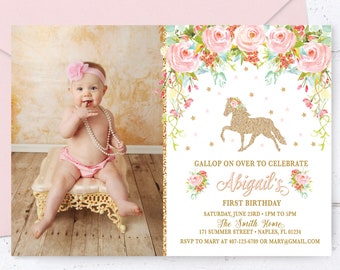 Horse invitation, Horse birthday invitation, Floral Horse Invitation, Pony Invitation, Blush Pink Gold Horse Party, Pastel Flowers, Pony