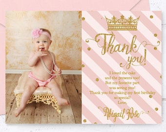 Princess Birthday Thank You, Princess Birthday, Princess Thank You, Pink and Gold, Glitter, First Birthday Invitation, Princess Party