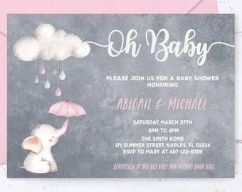 Cloud Baby Shower, Elephant Baby Shower, Cloud Baby Shower Invitation, Pink Elephant Baby Shower Invitation, Cloud Invitation, Cloud Invite