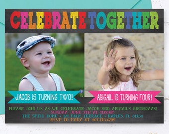 Chalkboard Birthday Invitation, Sibling Invitation, Dual Birthday, Two Birthdays, Sibling, Friends, Twins, Chalkboard, Printable Invite