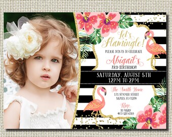 Flamingo Birthday Invitation, Flamingo Invitation, Floral Flamingo Invitation, Black and White Flamingo Invitation, Flamingo Party, Glitter