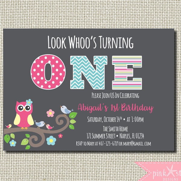 Owl First Birthday Invitation, Owl Birthday Invitation, First Birthday Invitation, Printable Invitation, Owl Invitation, Pink, Owl, Invite