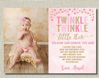 Twinkle Twinkle Little Star Thank you, Star Party Thank you, Pink Gold Thank you, Star 1st Birthday, Photo thank you card, Printable, Pink