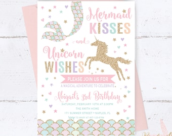 Unicorn and Mermaid Birthday Invitation, Magical Birthday Invitation, Unicorn and Mermaid Invitation, Mermaid Invitation, Unicorn Invitation