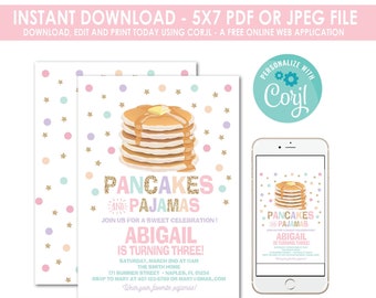 Pancakes and Pajamas Invitation, Pancakes Pajamas Invite, Birthday Party, Slumber Party,Printable, Girls Slumber party, Instant Download