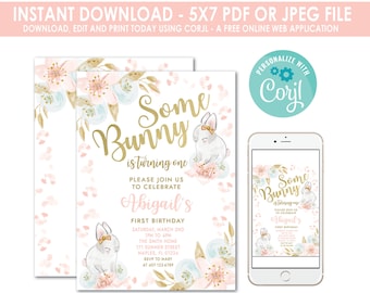 Bunny Birthday Invitation, Some Bunny Is Turning One, Bunny Birthday Invitation, Easter Birthday, Spring Birthday, Instant Download, any age