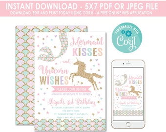 Unicorn and Mermaid Birthday Invitation, Unicorn and Mermaid Invitation, Mermaid Invitation, Unicorn Invitation, Instant Download