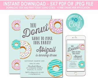 Donut Birthday Invitation, Donut Party Birthday Invitation, Donut Invitation, You Donut Want to Miss This, Instant Download