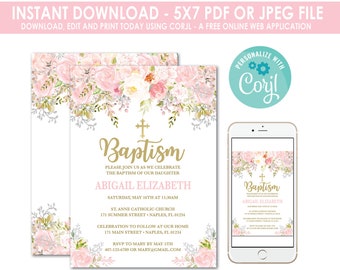 Puede incluir: Una invitación digital de bautizo con un diseño floral en rosa y blanco. La invitación incluye el texto "Bautismo" en escritura dorada, junto con los detalles del evento y las instrucciones para editar e imprimir el archivo. Un smartphone muestra la invitación.