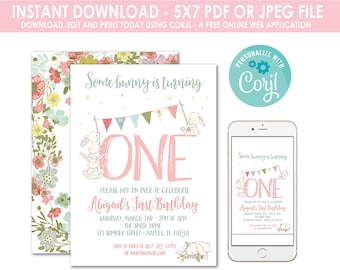 Bunny Birthday Invitation, Some Bunny Is Turning One, First Birthday Invitation, 1st 2nd 3rd Birthday, Easter Party, Instant Download