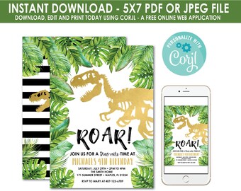 Dinosaur Invitation, Dinosaur Birthday, Dinosaur Birthday Invitation, T-Rex, Dinosaur Party, Gold Dinosaur, Dino Birthday, Instant Download