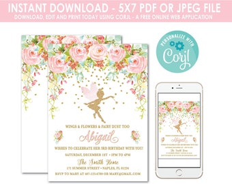 Fairy Birthday Invitation, Magical Fairy Invite, Fairy Invitation, Floral Fairy Invitation, Blush Pink Gold, Fairy Party, Instant Download