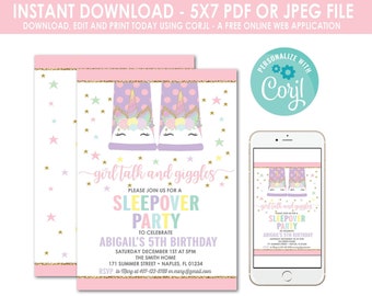 Pode incluir: Um convite rosa e dourado para uma festa do pijama com gráficos de unicórnios. O convite inclui o texto "Girl Talk and Giggles" e detalhes para o 5º aniversário de Abigail. Um smartphone exibe o design do convite. Instruções para edição e impressão também estão incluídas.