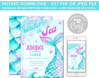 Mermaid Birthday Invitation, Mermaid Watercolor Invitation, Under the Sea, Mermaid Invitation, Mermaid, Instant Download, Editable