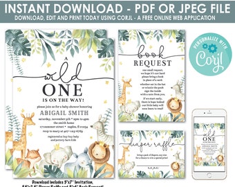 Wild One Baby Shower Invitation, Jungle Animals, Gender Neutral, Tiger, Elephant, Zebra and Giraffe Jungle Safari Shower, Baby Animal Invite