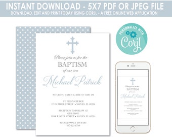 Baptism Invitation, Baptism Invitation Girl, Baptism Invitation Boy, Communion, Dedication, Christening, Instant Download, Editable, Blue