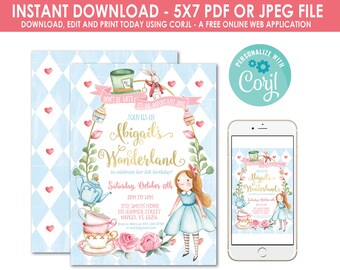 Alice in Wonderland Birthday Invitation, Alice In Wonderland 1st Birthday Invitation, Onederland, Instant Download, Editable File