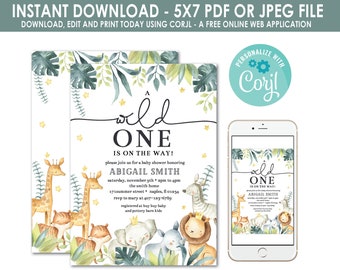 Wild One Baby Shower Invitation, Jungle Animals, Gender Neutral, Tiger, Elephant, Zebra and Giraffe Jungle Safari Shower, Baby Animal Invite