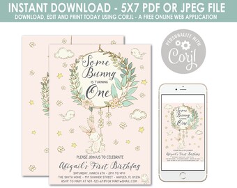 Bunny Birthday Invitation, Some Bunny Is Turning One, First Birthday Invitation, Easter Birthday Party Invite, Spring, Any Age, Instant