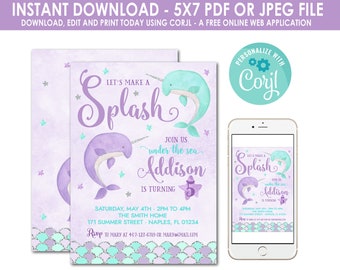 May include: A printable invitation with a narwhal theme. The invitation features the text "Let's Make a Splash" and details for a birthday party. A smartphone displays the invitation. Instructions for editing and printing are included.