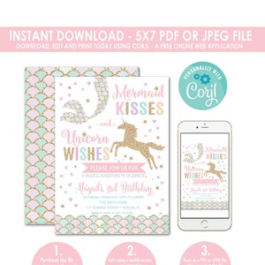Unicorn and Mermaid Birthday Invitation, Unicorn and Mermaid Invitation, Mermaid Invitation, Unicorn Invitation, Instant Download