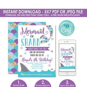 Mermaid and Shark Invitation, Mermaid and Shark Birthday Invitation, Shark and Mermaid Invitation, Mermaid, Instant Download, Editable File