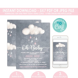 Baby Shower Invitation, Cloud Baby Shower Invitation, Boy and Girl Baby Shower, Girl and Boy Baby Shower, Watercolor, Instant Download