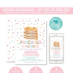 Pancakes and Pajamas Invitation, Pancakes Pajamas Invite, Birthday Party, Slumber Party,Printable, Girls Slumber party, Instant Download