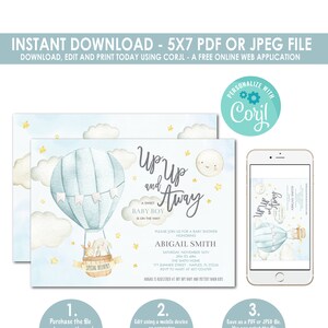 Balloon Baby Shower Invitation, Up Up and Away, Hot Air Balloon, Baby Boy Baby Shower Invitation, Balloon Baby Sprinkle Invitation, Instant