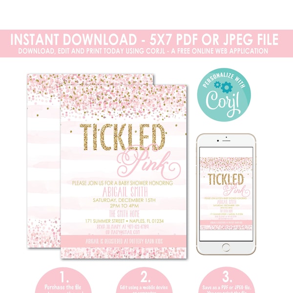 Tickled Pink Baby Shower Invitation, Confetti Baby Shower Invitation, Baby Shower, Pink, Gold Glitter, Glam, Champagne, Instant Download