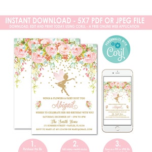 Fairy Birthday Invitation, Magical Fairy Invite, Fairy Invitation, Floral Fairy Invitation, Blush Pink Gold, Fairy Party, Instant Download