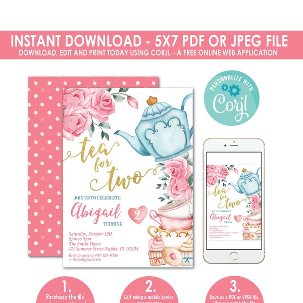 Tea Party Invite, Tea for Two Invitation, Floral Tea for Two Invitation, Wonderland Tea Party, Second Birthday, 2nd, Instant Download