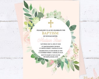 Baptism Invitation, Baptism Invitation Girl, Baptism Invitation Floral, Pink Baptism Invitation, Communion, Dedication, Christening