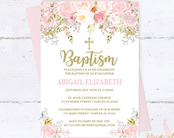 Baptism Invitation, Baptism Invitation Girl, Baptism Invitation Floral, Pink Baptism Invitation, Communion, Dedication, Christening