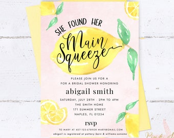 Lemon Bridal Shower Invitation, Bridal Shower Invitation, She Found Her Main Squeeze Invitation, Lemon Invitation, Citrus Invitation