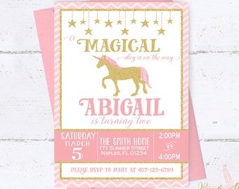 Pink and Gold Birthday Invitation, Pink and Gold Unicorn Invitation, Unicorn Birthday Invitation, Unicorn Invitation, Gold Glitter, Unicorn