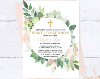 First Communion Invitation, Girl First Communion Invitation, Communion Invitation, 1st Communion Invitation, Girl Communion, eucalyptus