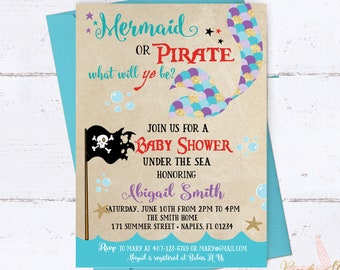 Mermaid or Pirate Baby Shower Invitation, Baby Shower Invitation, Pirate or Mermaid Gender Reveal, Gender Reveal, Under The Sea Baby Shower