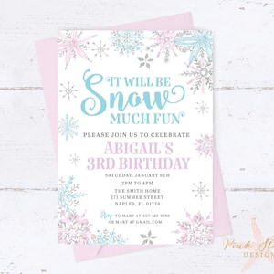 Snow Much Fun Birthday Invitation, Winter Wonderland, Winter Birthday, Snowflake Invitation, Birthday Invitation, Silver, Pink, Aqua, Teal