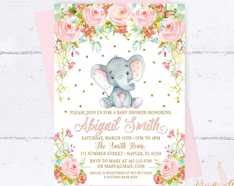 Girl Elephant Baby Shower Invitation, Girl elephant invitation, Safari baby shower invitation, jungle baby shower invite, floral elephant