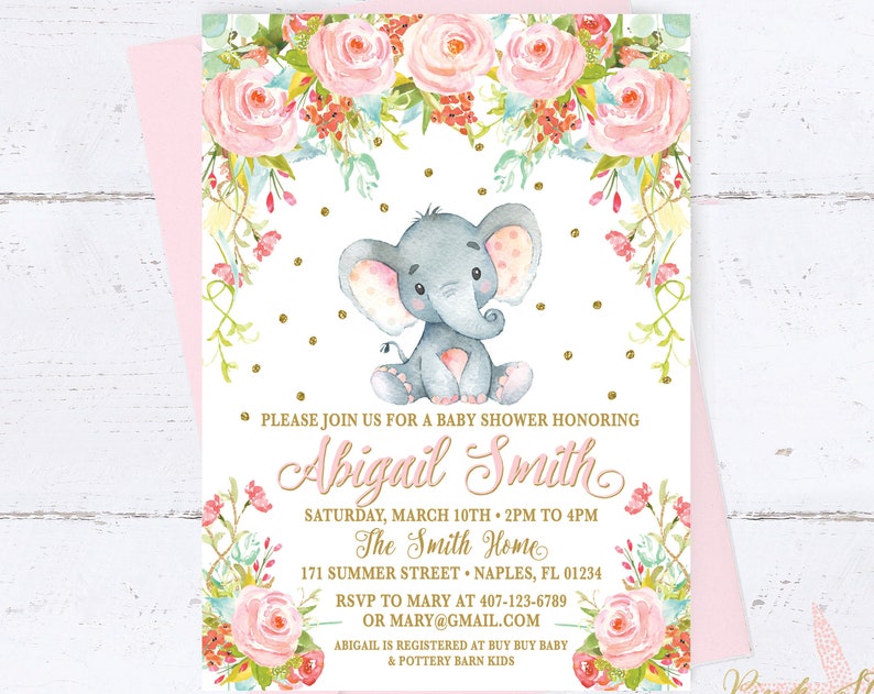 Girl Elephant Baby Shower Invitation Girl elephant invitation Safari baby shower invitation jungle baby shower invite floral