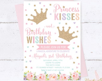 Princess Birthday Invitation, Pink Gold Princess Invite, Princess Tea Party, Princess Tiara, Princess Crown, Blush Pink Gold, Pastel Flowers