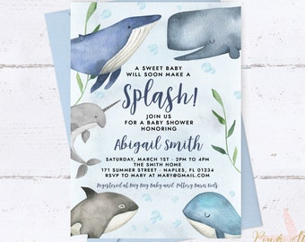 Whale Baby Shower Invitation, Nautical Baby Shower Invite, Under the Sea Baby Shower Invitation, Baby Shower Invitation, Ocean Baby Shower