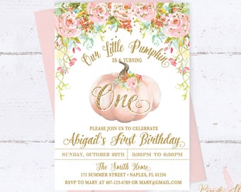 Pumpkin Birthday Invitation, Pumpkin and Flowers Birthday, Pumpkin Invitation, Our Little Pumpkin, First Birthday Invitation, Pink and Gold