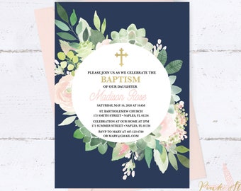 Baptism Invitation, Baptism Invitation Girl, Baptism Invitation Floral, Navy Pink Baptism Invitation, Communion, Dedication, Christening