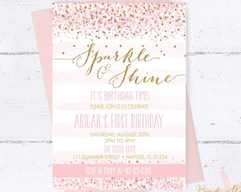 Sparkle and Shine Birthday Invitation, Pink and Gold Birthday Invitation, Birthday Invitation, Gold Glitter, Glam, Confetti, Blush, Digital