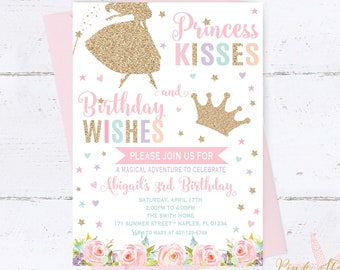 Princess Birthday Invitation, Pink Gold Princess Invite, Princess Tea Party, Princess Tiara, Princess Crown, Blush Pink Gold, Pastel Flowers