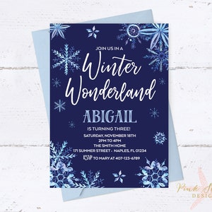 Snowflake Birthday Invitation, Winter Birthday, Snowflake Invitation, Winter Wonderland, Birthday Invitation, Snowflake Birthday, Navy Blue