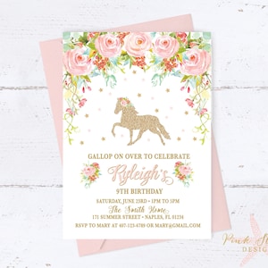 Horse invitation, Horse birthday invitation, Floral Horse Invitation, Pony Invitation, Blush Pink Gold Horse Party, Pastel Flowers, Pony image 1